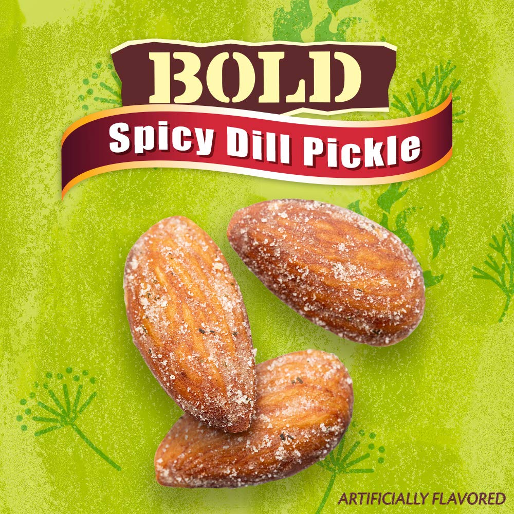 Blue Diamond Almonds Spicy Dill Pickle packaging, resealable can helping maintain freshness between snacking sessions.