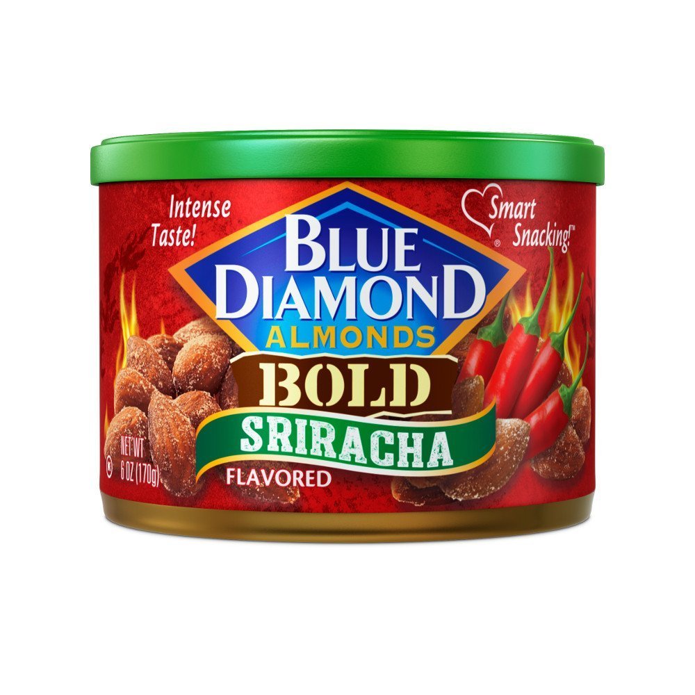 Blue Diamond Sriracha almonds in a 6 oz can, protein-rich and convenient.