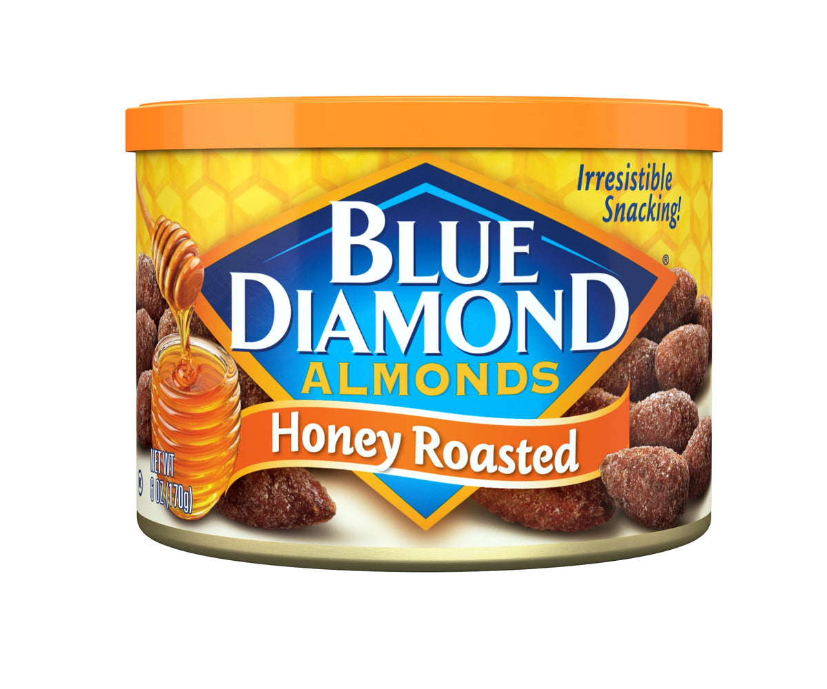 Blue Diamond Almonds Sweet Honey Roasted can on display, gluten-free and kosher, ideal pantry snack.