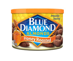 Blue Diamond Almonds Sweet Honey Roasted can on display, gluten-free and kosher, ideal pantry snack.
