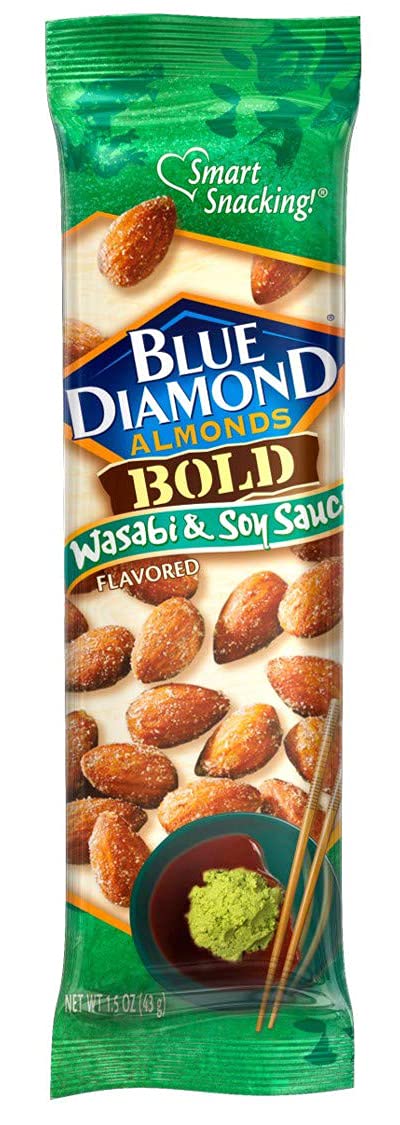 Blue Diamond Wasabi Soy almonds 12-pack, convenient protein for on-the-go snacking.