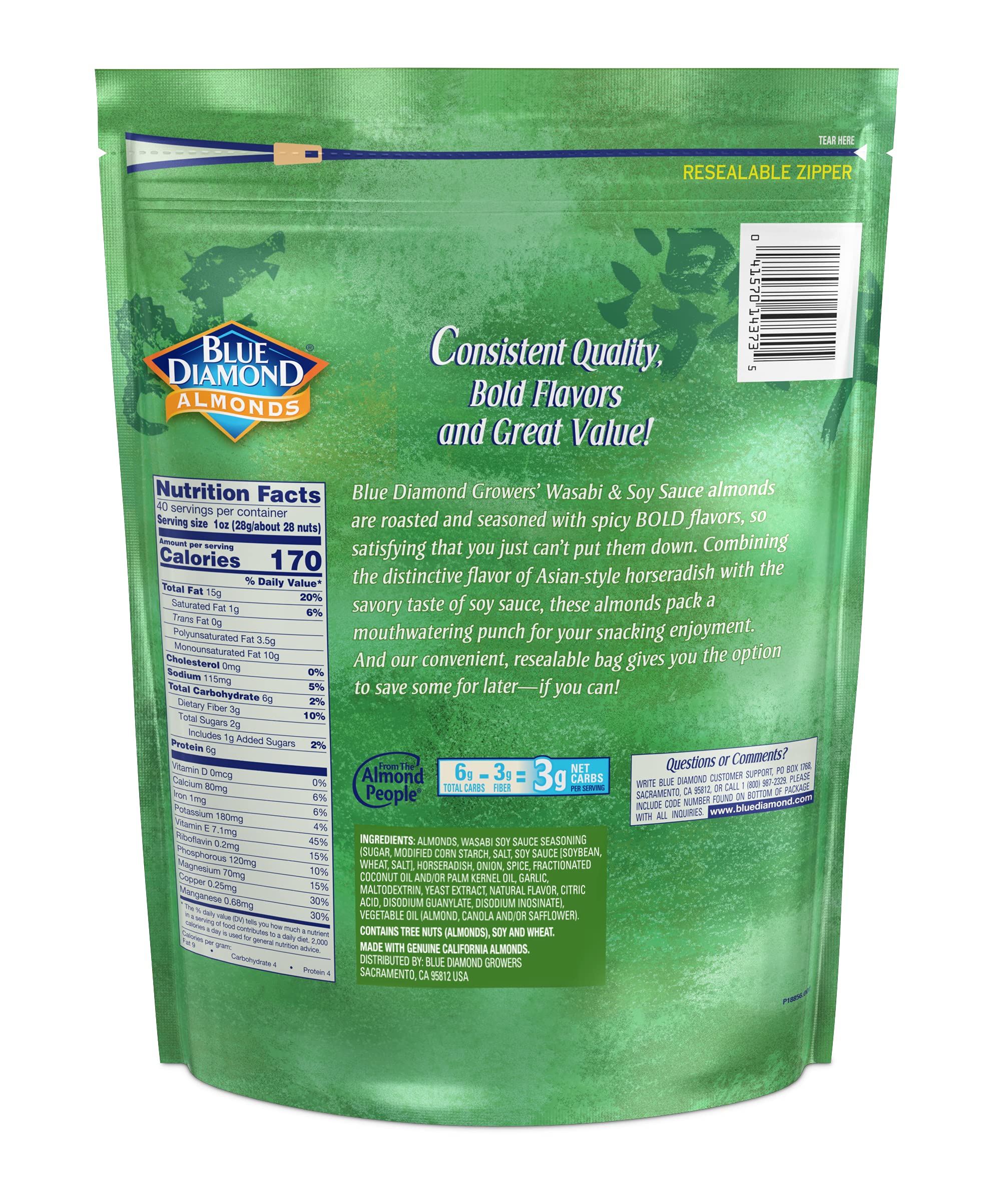 Blue Diamond Wasabi & Soy bag opened, resealable freshness on the go.