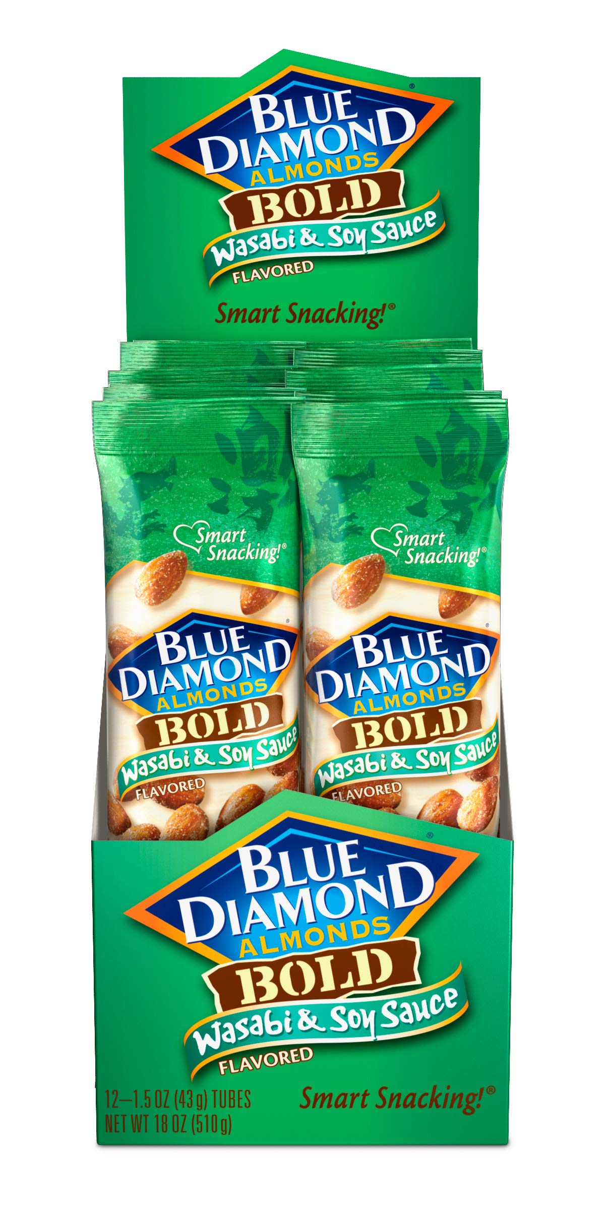 Blue Diamond Wasabi & Soy almonds close-up, bold flavor with a wasabi kick.