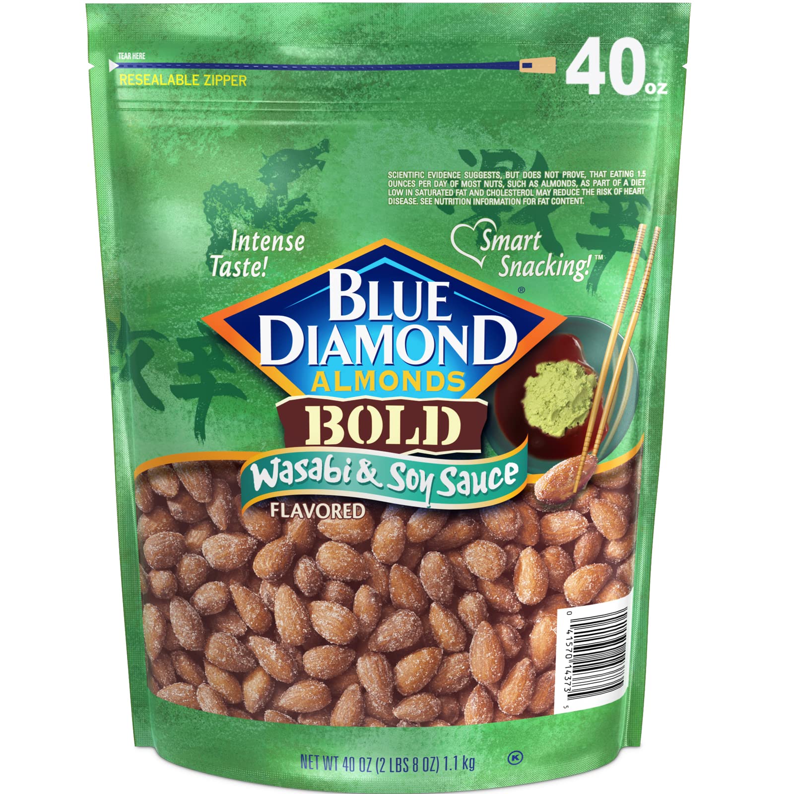 Blue Diamond Wasabi & Soy almonds in a 40 oz bag, ideal for gatherings.