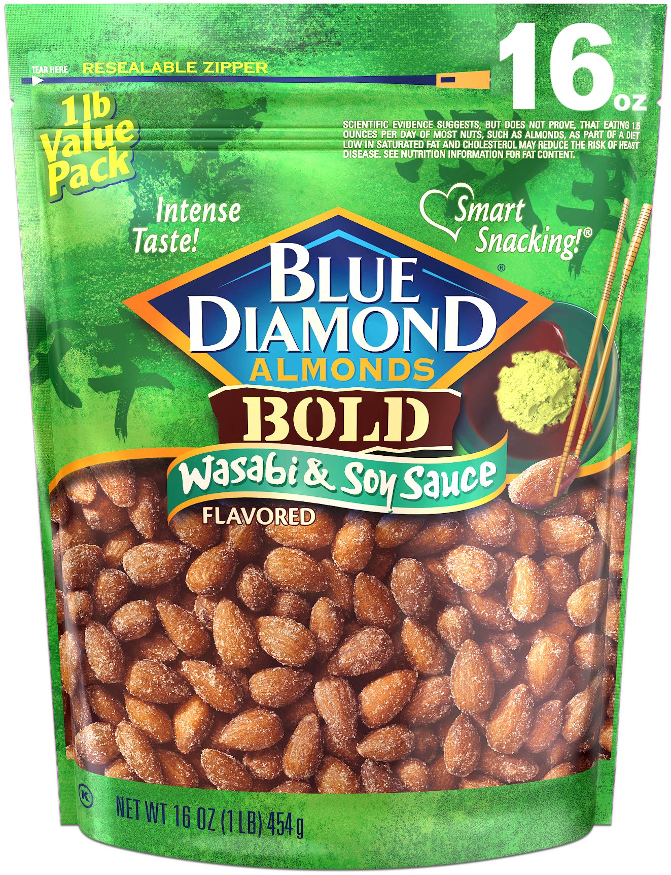 Blue Diamond Almonds Wasabi & Soy Sauce snack in a bag, bold flavor for on-the-go.