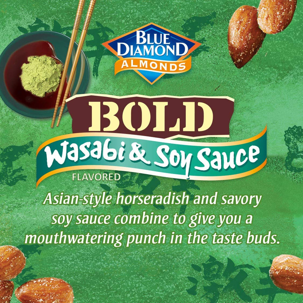 Blue Diamond Wasabi Soy almonds snack time shot highlighting savory-sweet finish.