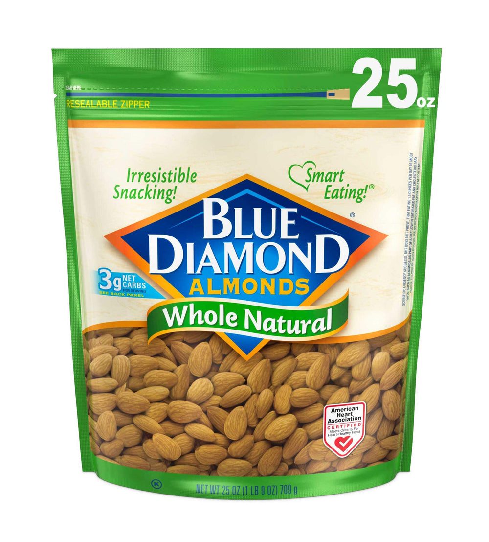 Blue Diamond Almonds bag with whole natural almonds, ideal for quick, protein-rich snacking.