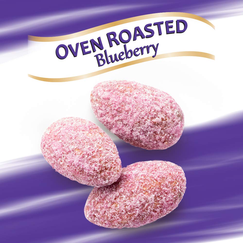 Blue Diamond Blueberry Almonds nutrition icons, cholesterol-free and trans-fat-free.