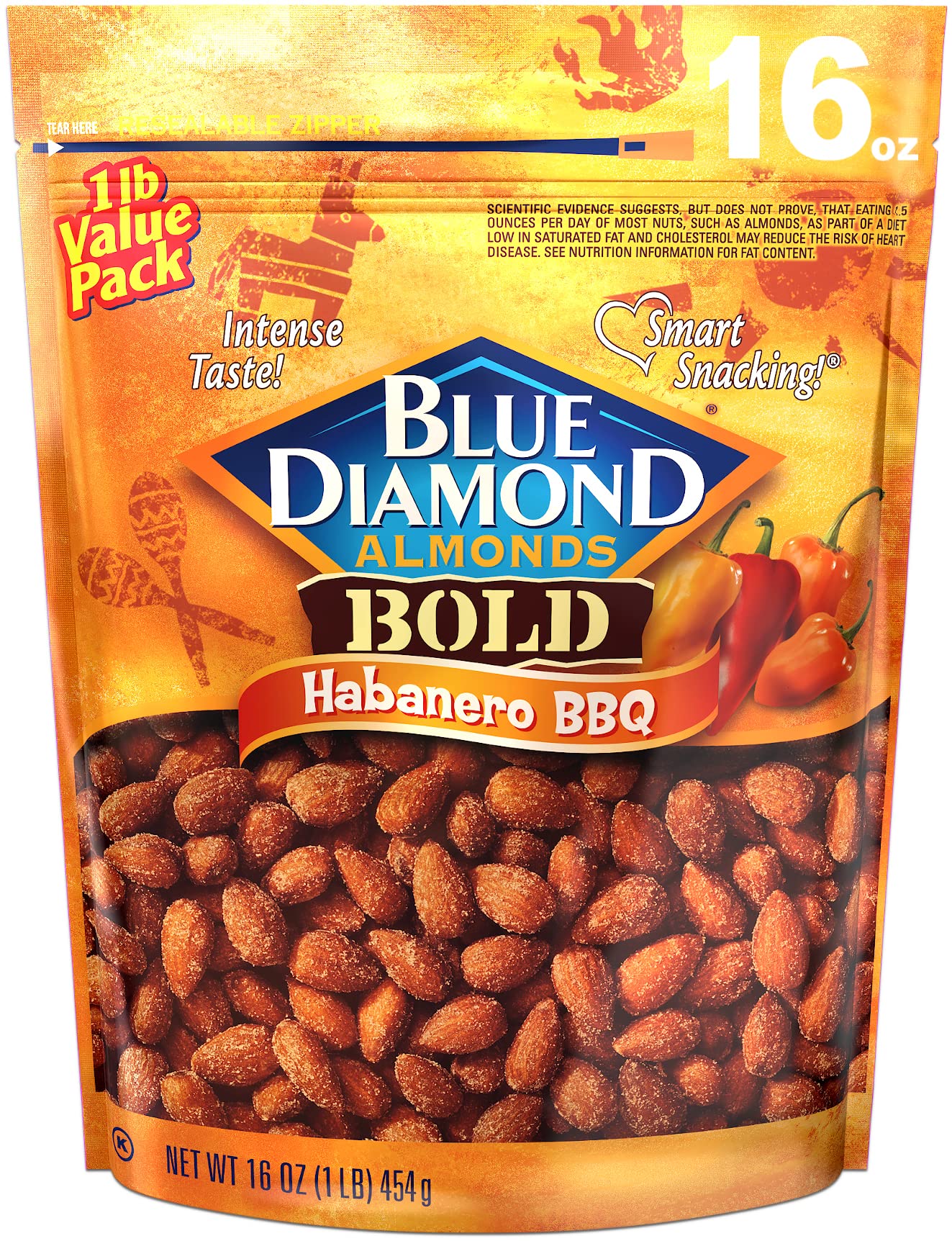 Blue Diamond Bold Habanero BBQ almonds in a bag for bold, spicy snacking.