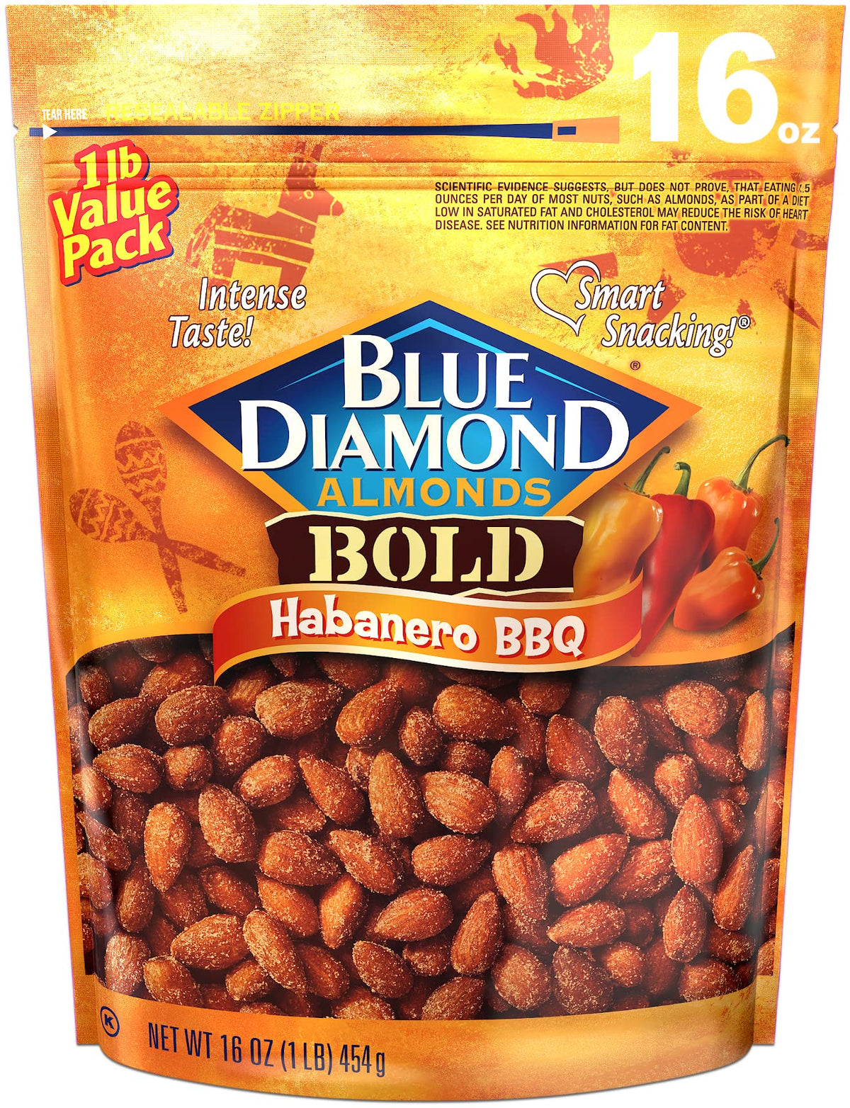 Blue Diamond Bold Habanero BBQ almonds in a bag for bold, spicy snacking.