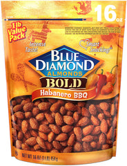 Blue Diamond Bold Habanero BBQ almonds in a bag for bold, spicy snacking.