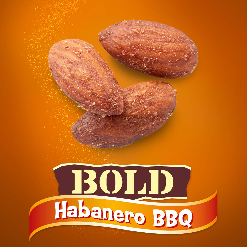 Blue Diamond Bold Habanero BBQ almonds with spice dust hint spicy heat.