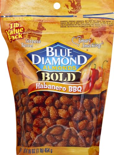 Blue Diamond Bold Habanero BBQ almonds close-up show crunchy texture and fiery flavor.