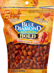 Blue Diamond Bold Habanero BBQ almonds close-up show crunchy texture and fiery flavor.