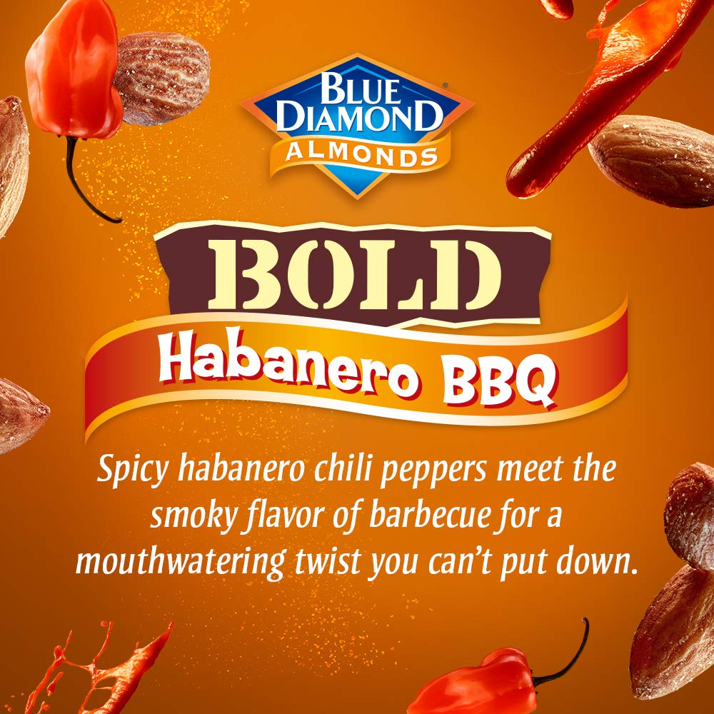Blue Diamond Bold Habanero BBQ almonds in a bag front display for quick grab-and-go.