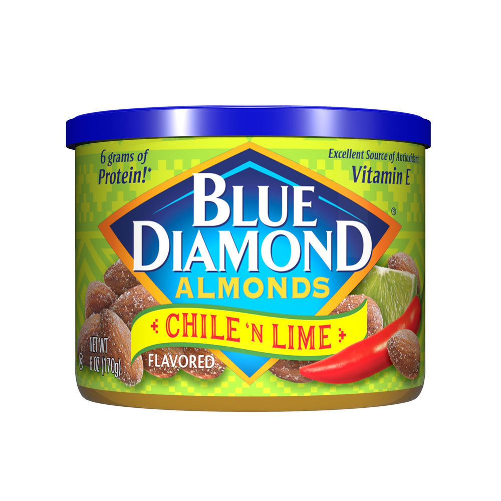 Blue Diamond Chile n' Lime can front view for easy on-the-go snacking.