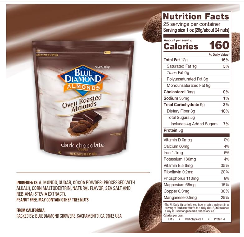 Blue Diamond dark chocolate almonds close-up highlights cocoa coating and crunch.