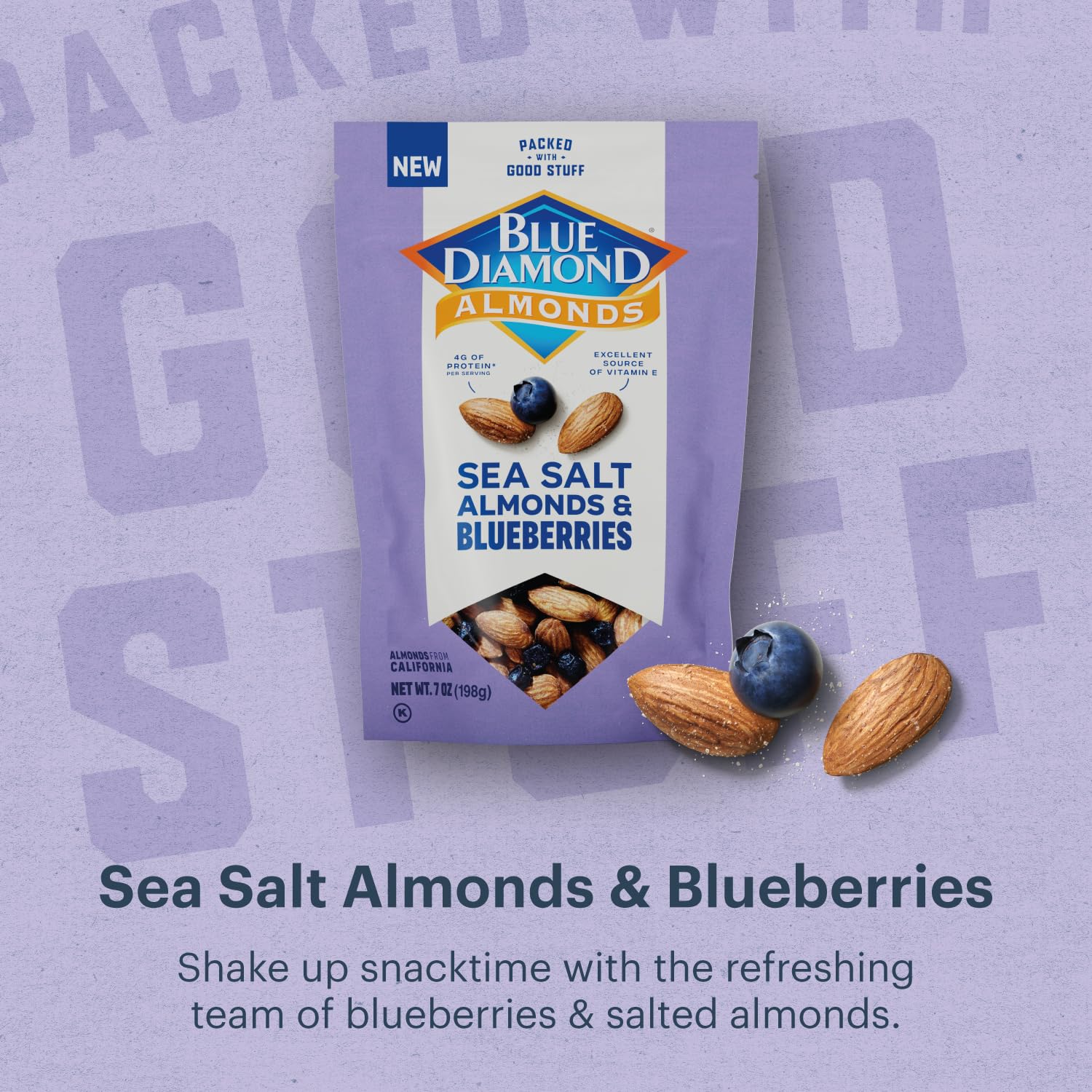 Blue Diamond farmer-owned almonds with blueberries packaging, quality and care.
