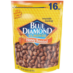 Blue Diamond Honey Roasted Almonds bag with golden honey glaze and crunch, a high-protein snack option