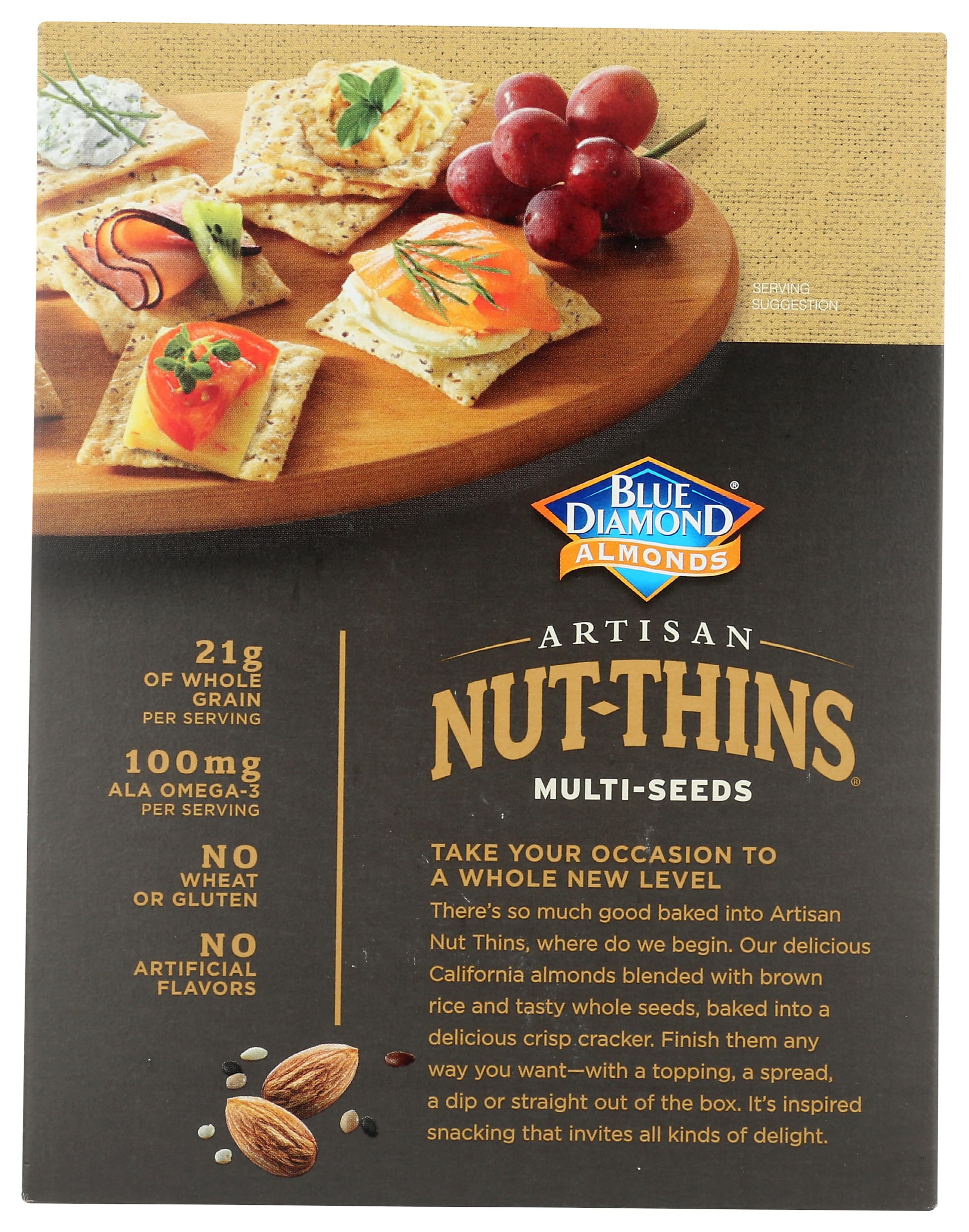 Close-up of Blue Diamond Nut Thin Cracker Multiseed ingredients with seeds.