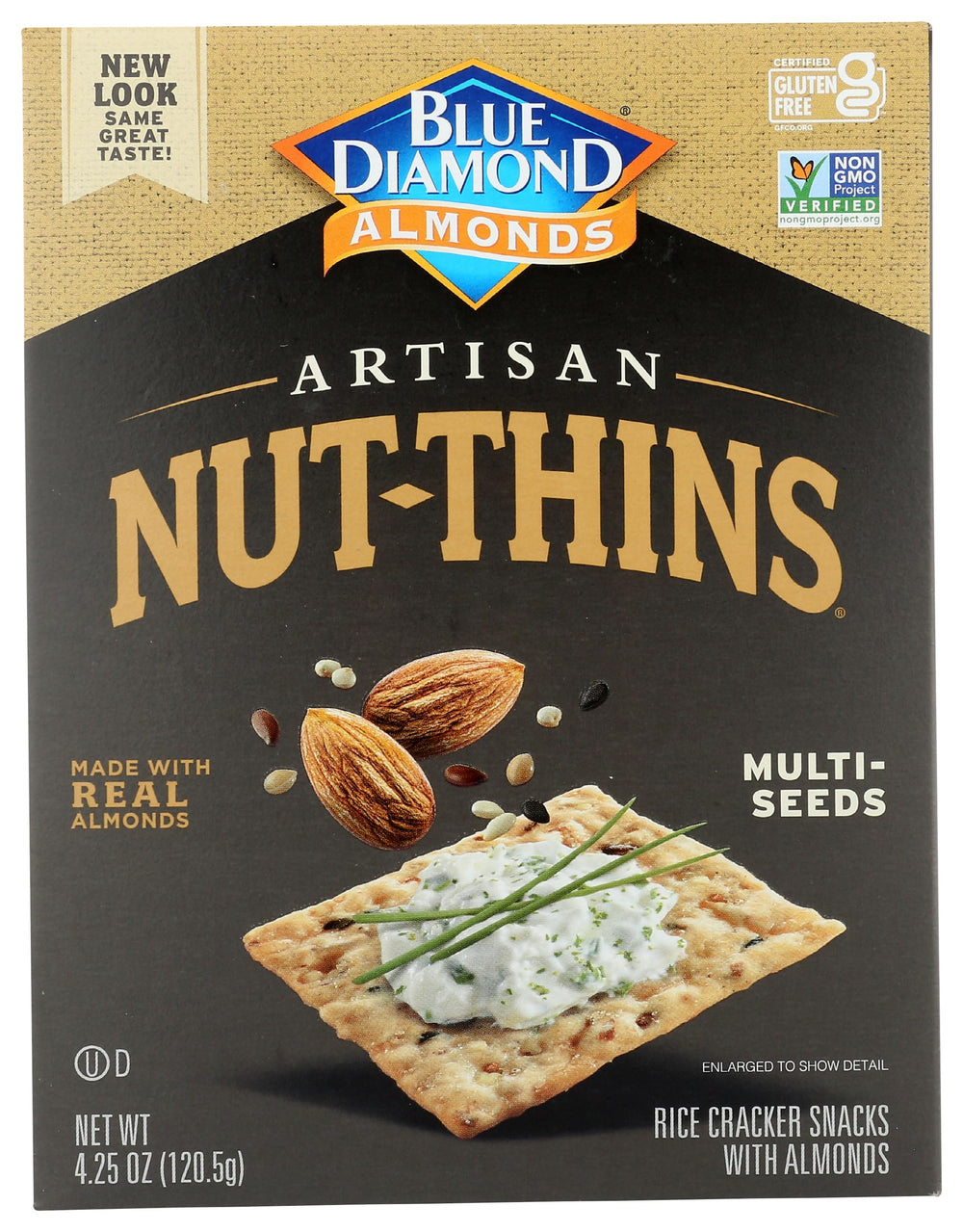 Blue Diamond Nut Thin Cracker Multiseed packaging displayed, gluten-free snack option.