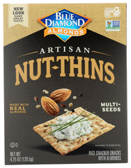 Blue Diamond Nut Thin Cracker Multiseed packaging displayed, gluten-free snack option.