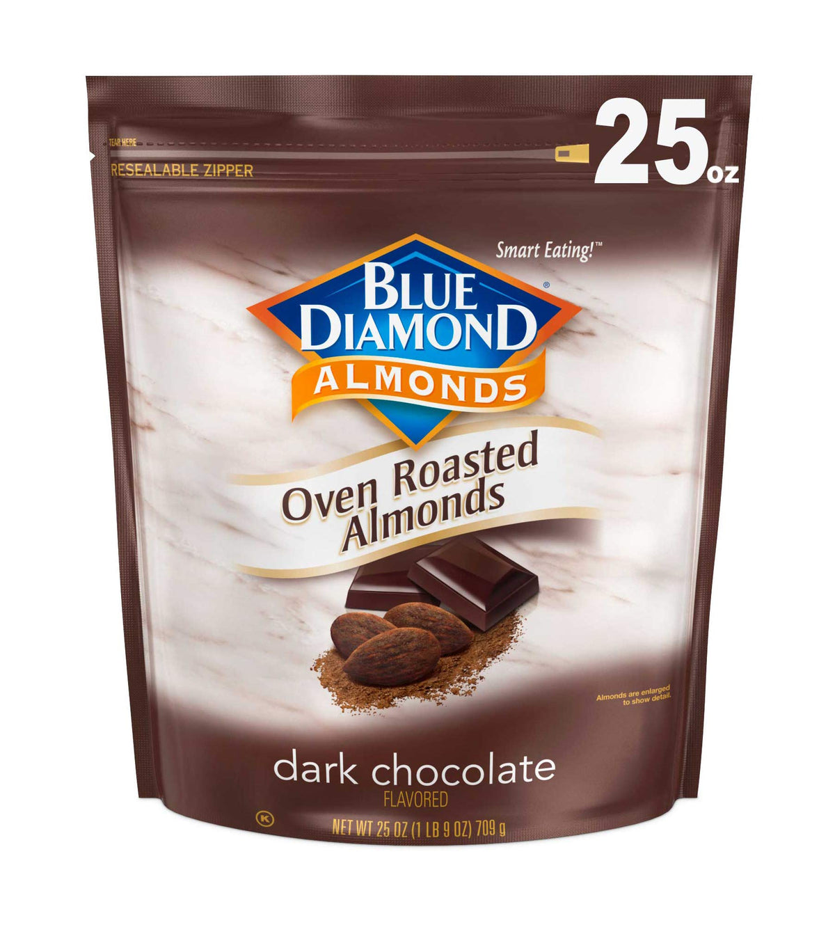 Blue Diamond Oven Roasted Dark Chocolate Almonds bag shows resealable convenience for freshness.