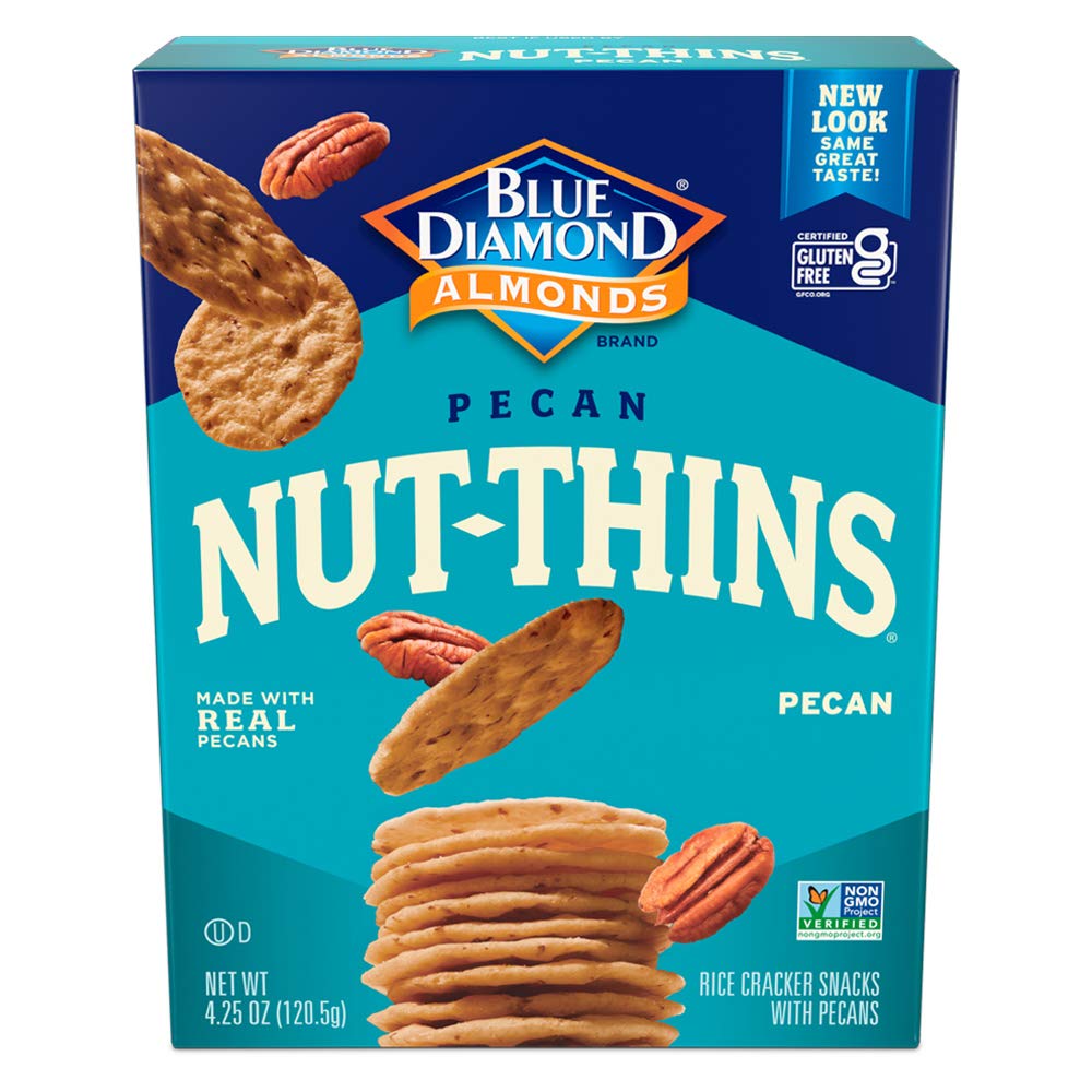 Blue Diamond Pecan Thins cracker box on shelf for easy grab-and-go snacking.