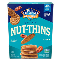 Blue Diamond Pecan Thins cracker box on shelf for easy grab-and-go snacking.