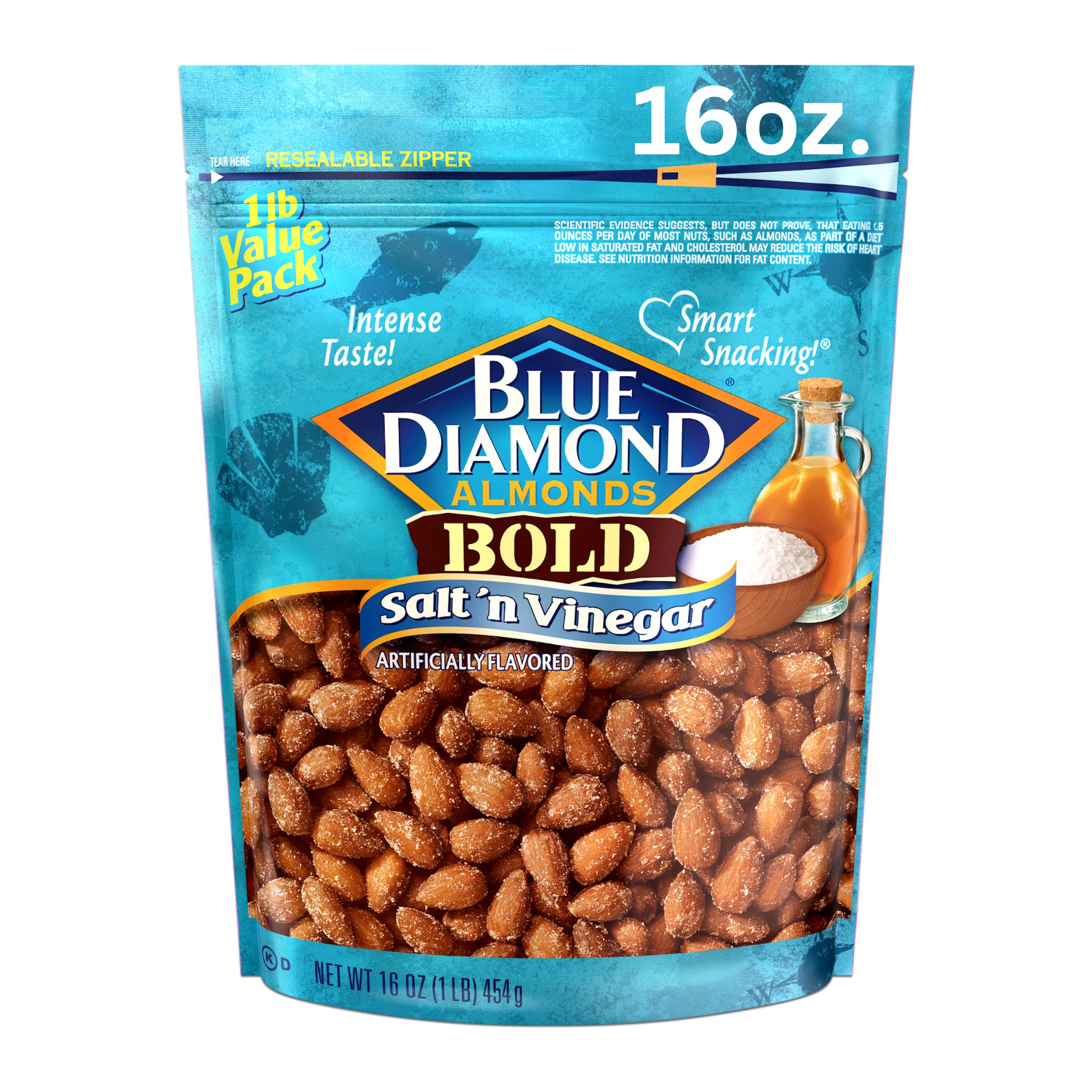 Blue Diamond Salt N' Vinegar almonds in bag front, tangy flavor preview