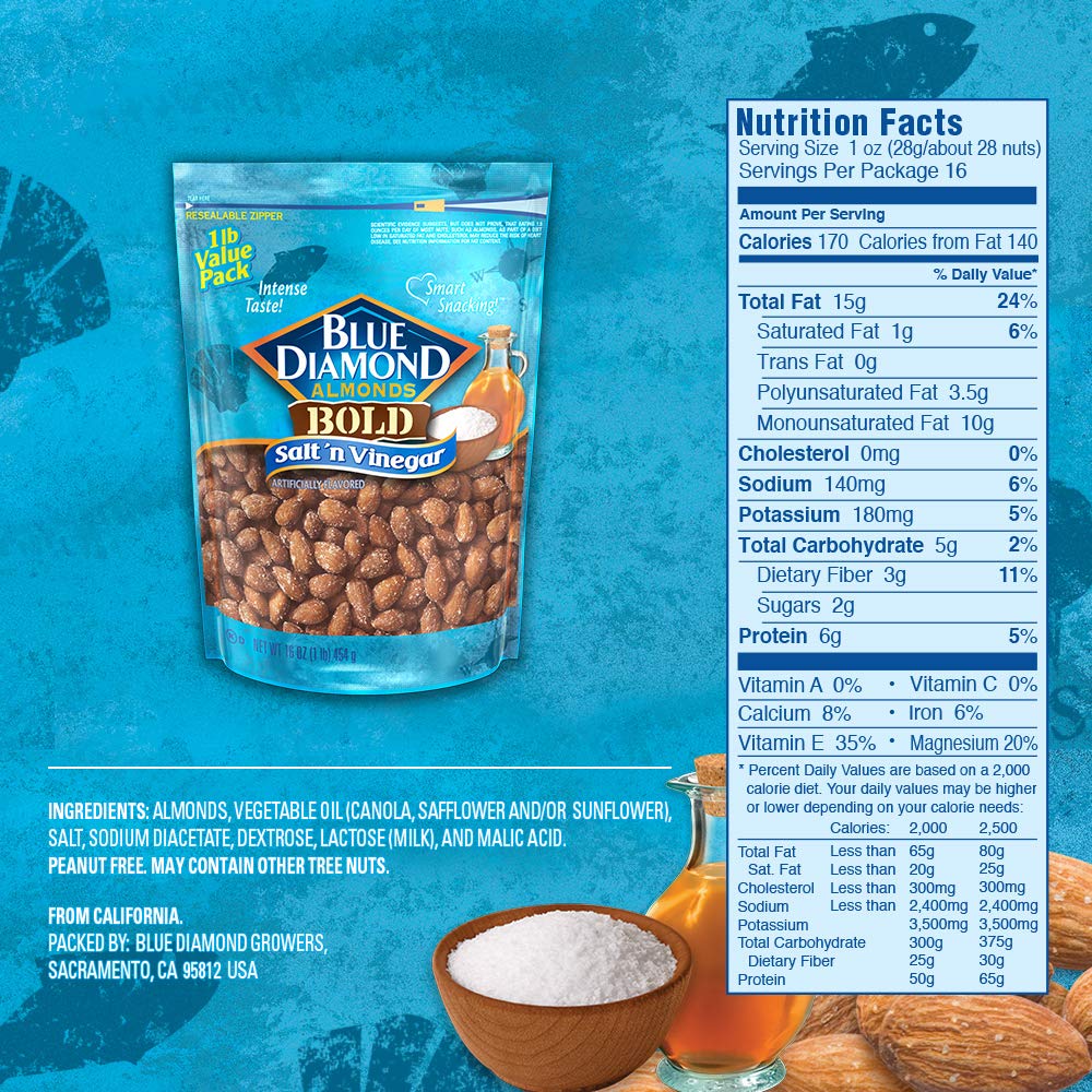 Blue Diamond Salt N' Vinegar snack portion, portable tangy crunch