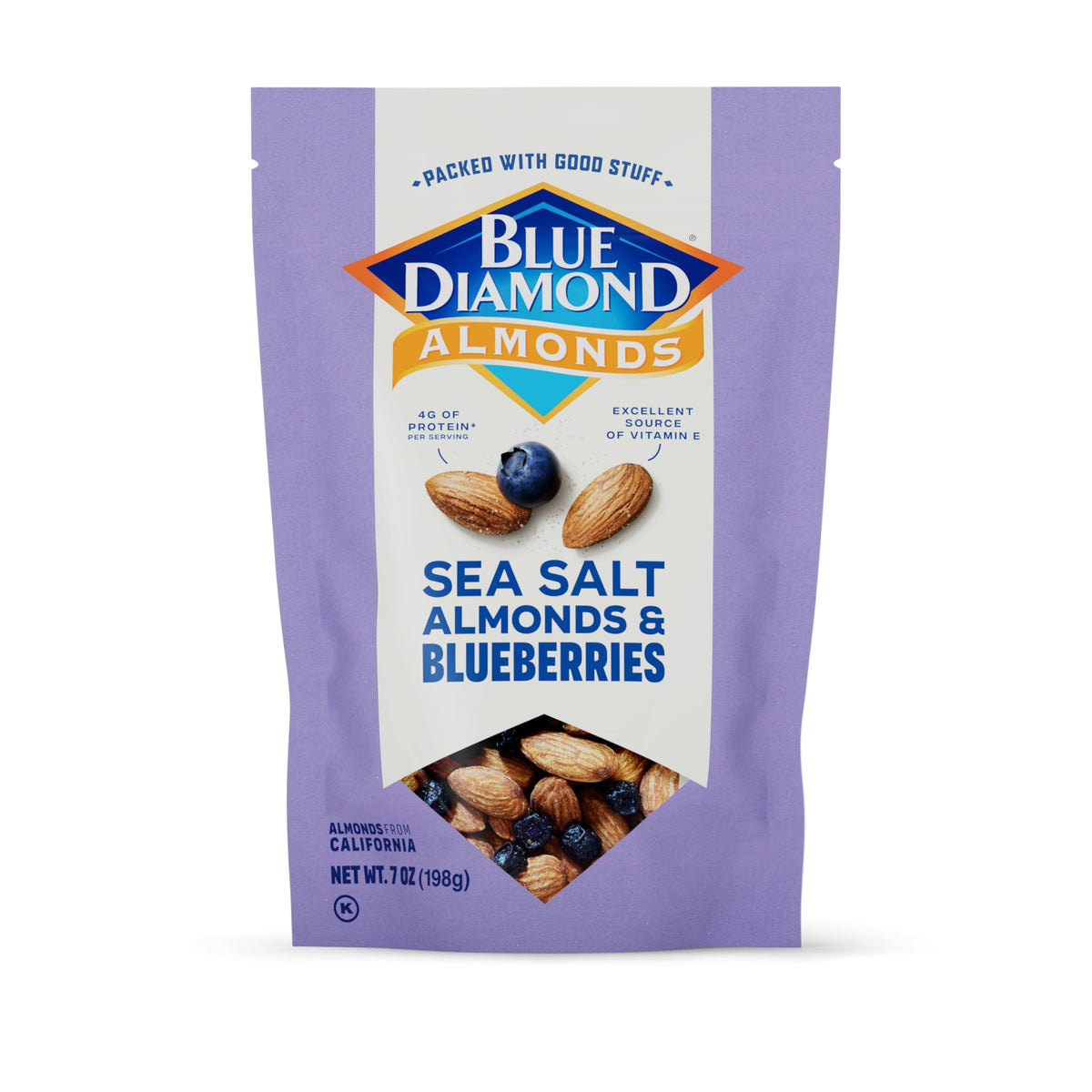 Blue Diamond sea salt almonds with blueberries in a 7oz pack, snack-ready.