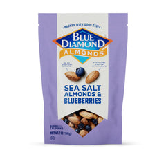 Blue Diamond sea salt almonds with blueberries in a 7oz pack, snack-ready.