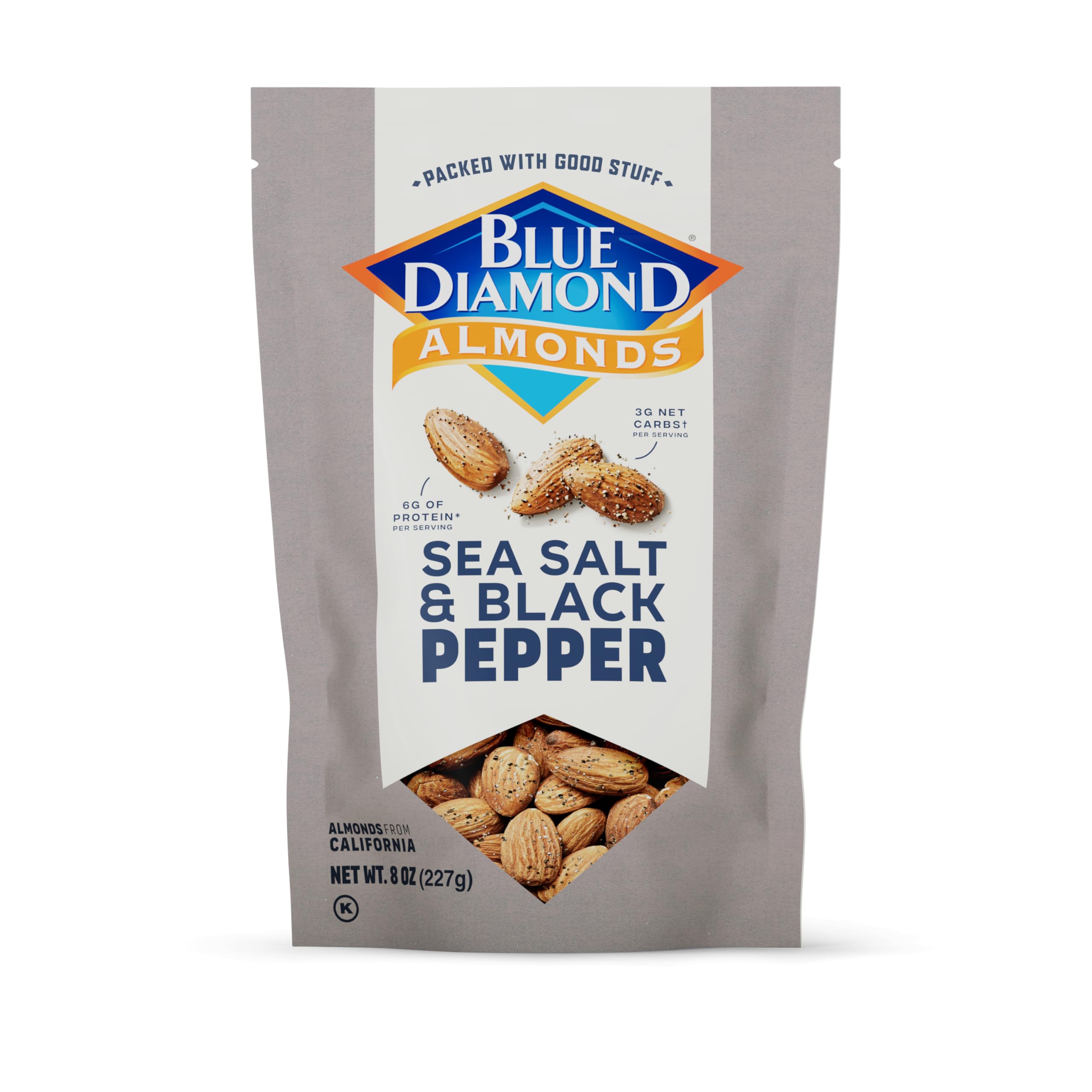 Blue Diamond Sea Salt Black Pepper almonds bag ready for on-the-go snacking.