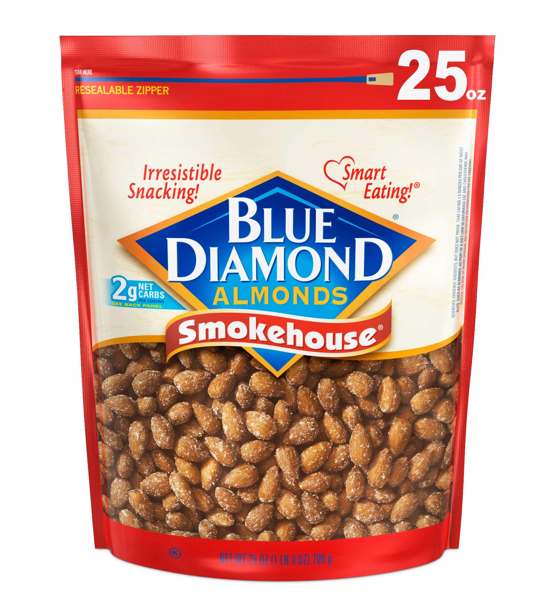 Blue Diamond Smokehouse almonds in a resealable bag for on-the-go crunch and savory flavor.