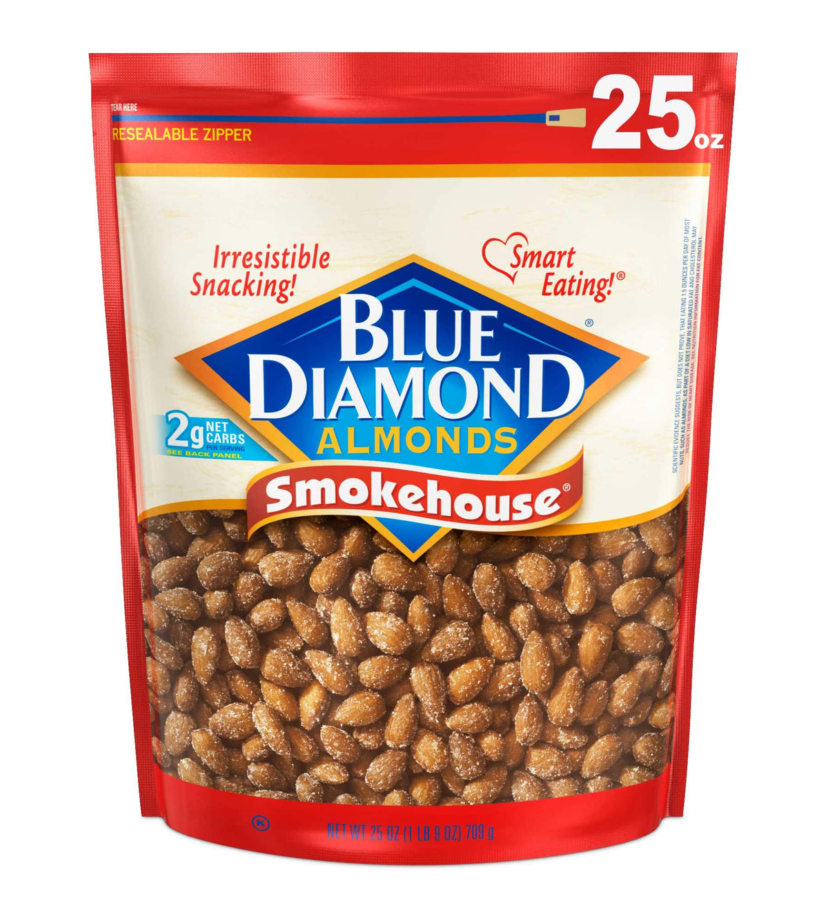 Blue Diamond Smokehouse almonds in a resealable bag for on-the-go crunch and savory flavor.