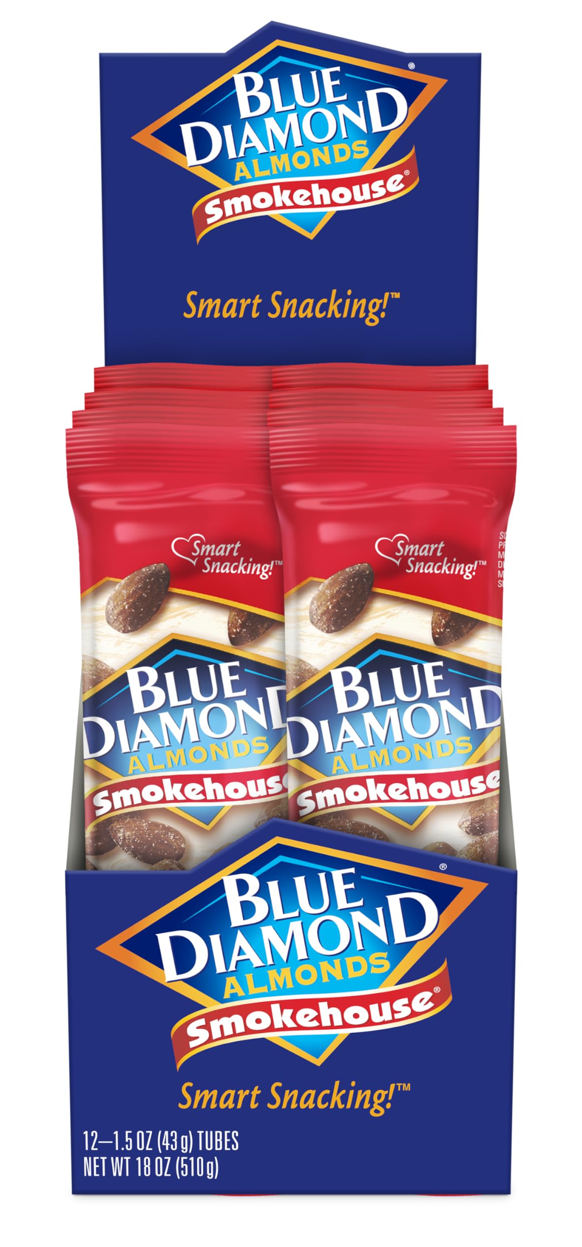 Blue Diamond Smokehouse almonds packaging view highlighting convenient 12-pack