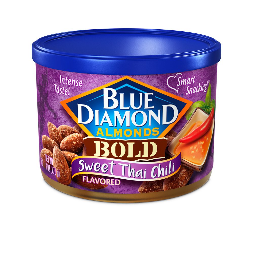 Blue Diamond Sweet Thai Chili almonds in container for travel with protein