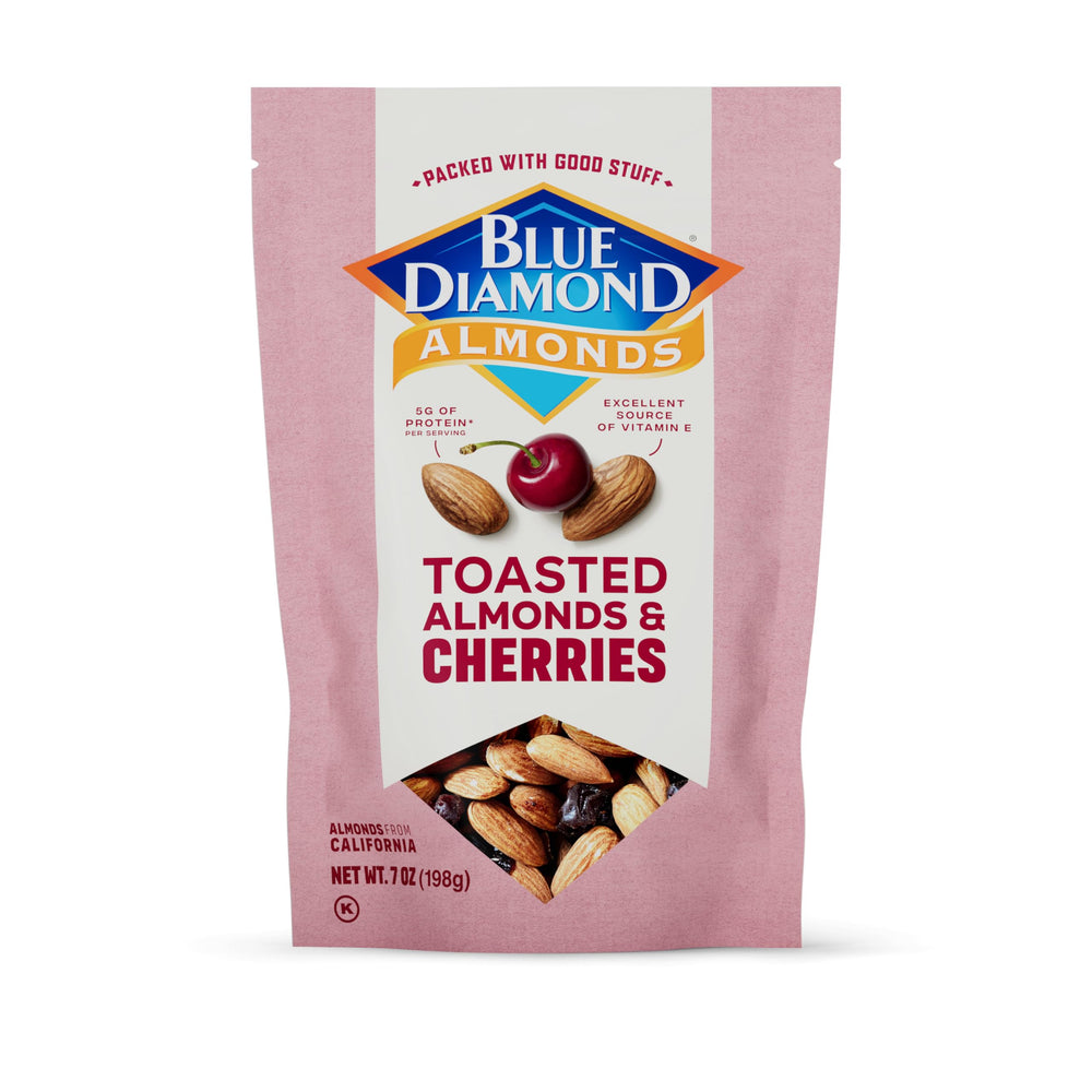 Blue Diamond Toasted Almonds and Dried Cherries bag open, showing nutty crunch and bold fruity notes.
