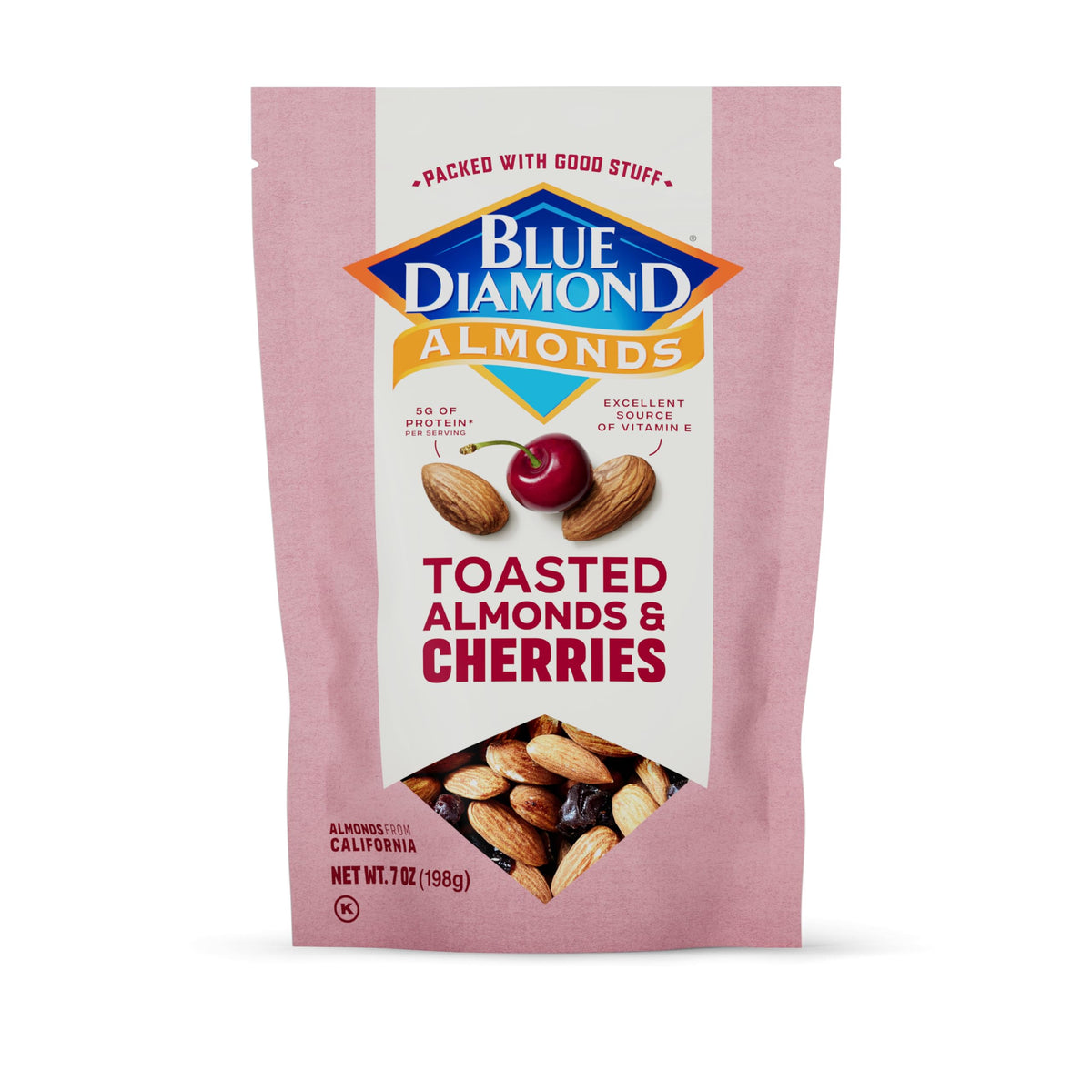 Blue Diamond Toasted Almonds and Dried Cherries bag open, showing nutty crunch and bold fruity notes.