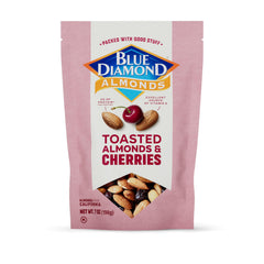 Blue Diamond Toasted Almonds and Dried Cherries bag open, showing nutty crunch and bold fruity notes.