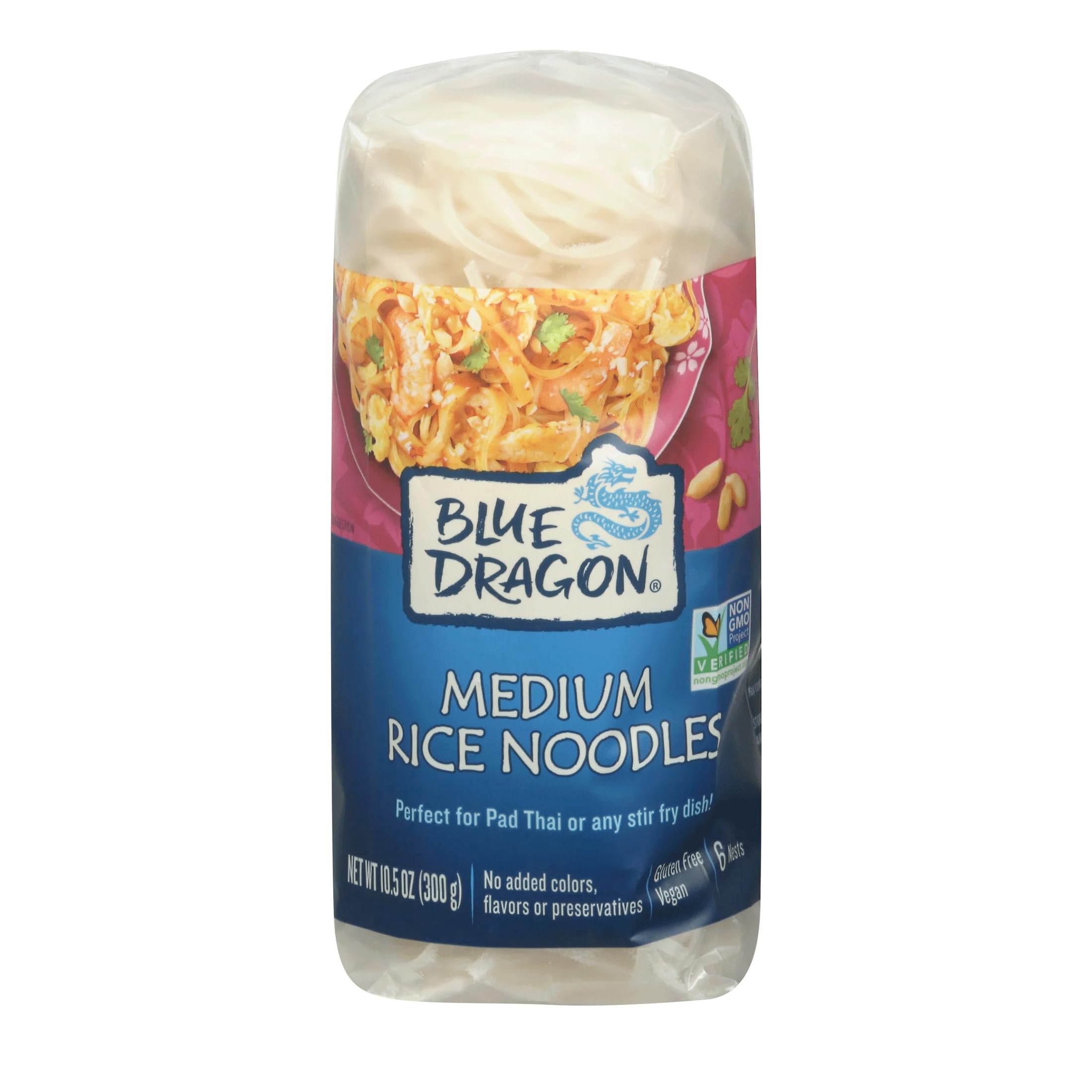 Blue Dragon Medium Rice Noodles nest, uncooked, ready for quick meals