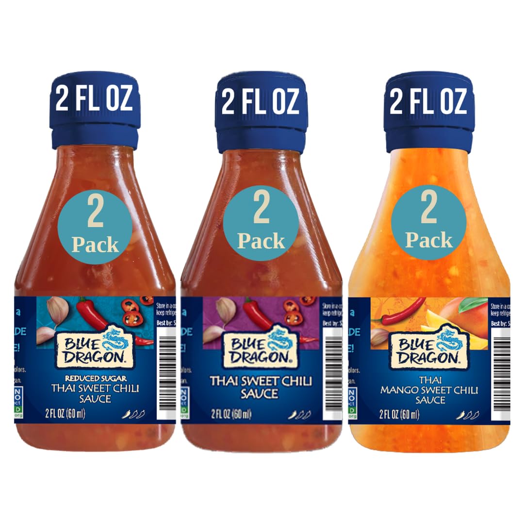 Blue Dragon mini reduced sugar Thai sweet chili sauce bottle for dipping savory snacks.