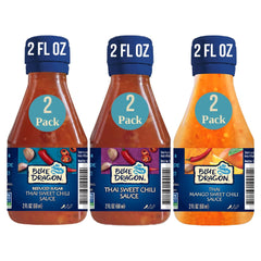 Blue Dragon mini reduced sugar Thai sweet chili sauce bottle for dipping savory snacks.