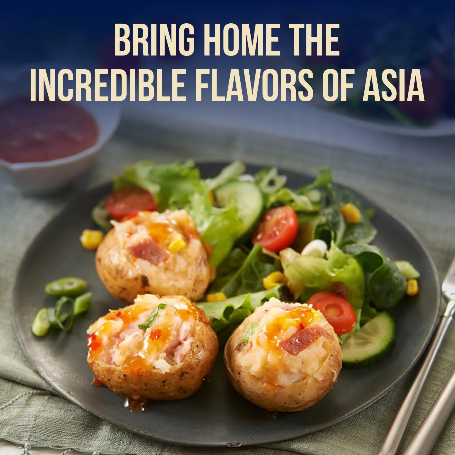 Blue Dragon mixed minis pack label showcases versatile dipping sauces.
