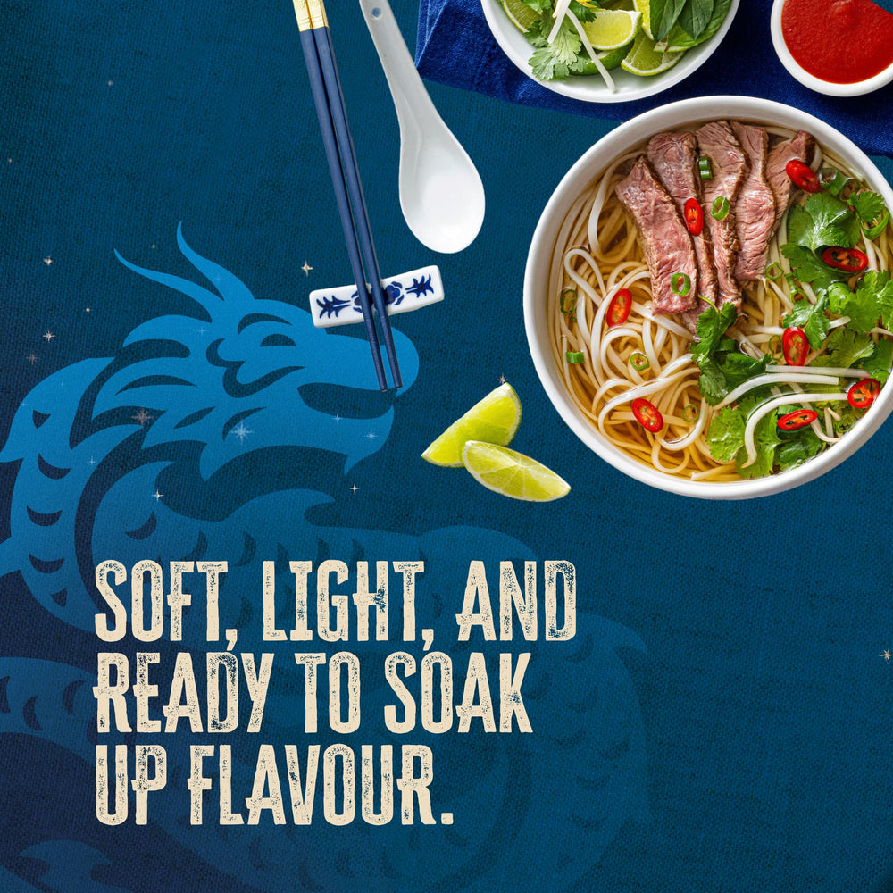 Blue Dragon Rice Noodles dry nest close-up, simple ingredients of rice flour and water