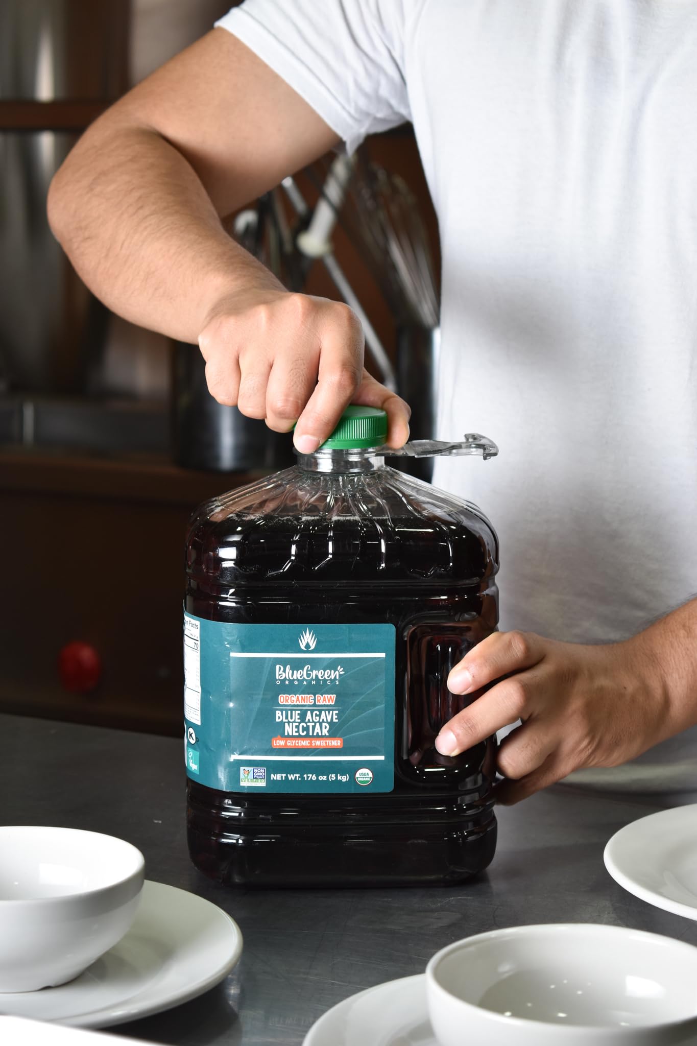 BLUE GREEN ORGANICS RAW agave syrup on kitchen counter