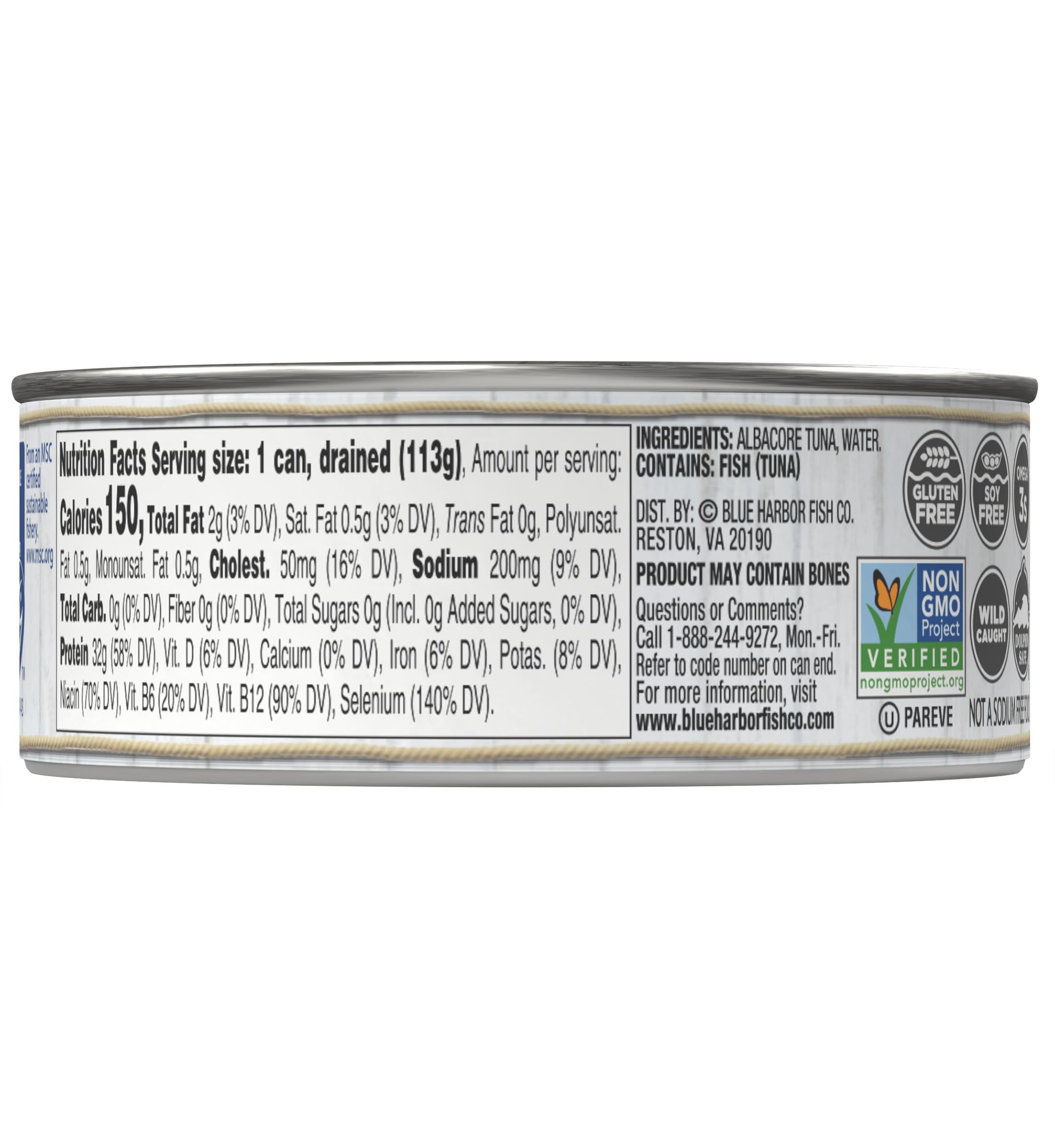 Blue Harbor Fish Co. solid white tuna in water can, ideal for salads or pasta.