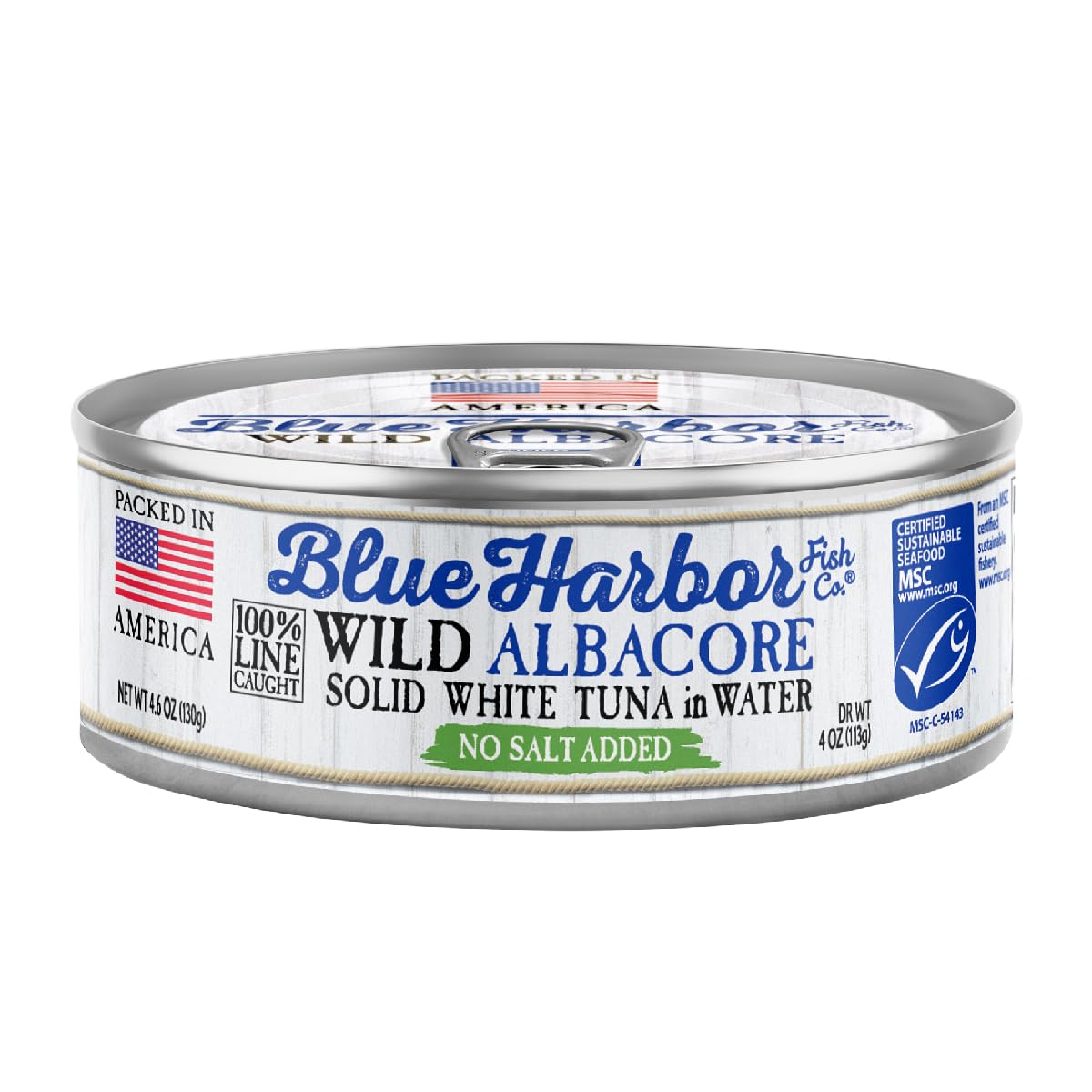 Blue Harbor Fish Co. wild albacore tuna in water front can, no salt added for lighter meals.