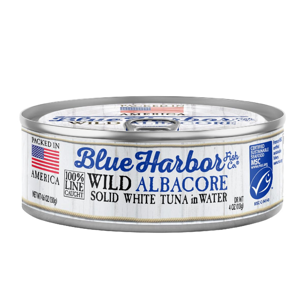 Blue Harbor Wild Albacore tuna in water front view can, ready for quick salads.